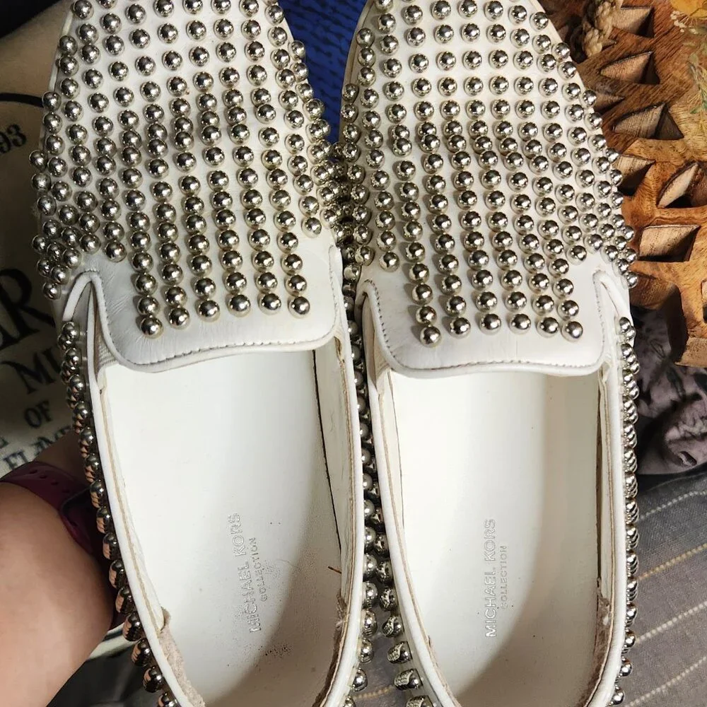 Michael Kors White Leather Slip-On Sneakers with Silver Studs